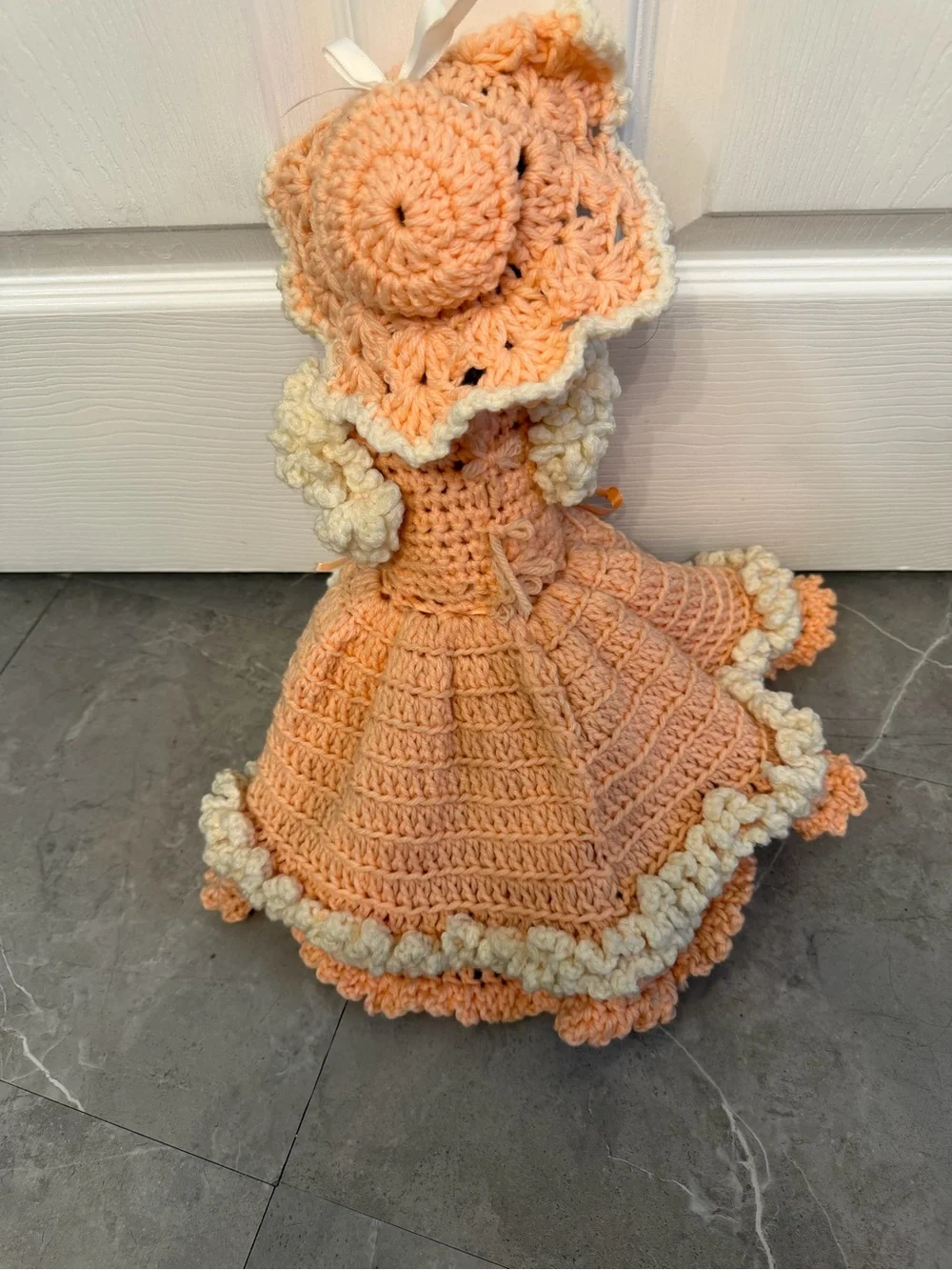 Handmade Peach and Cream Crochet Doll Dress with Bonnet - Kids Toys